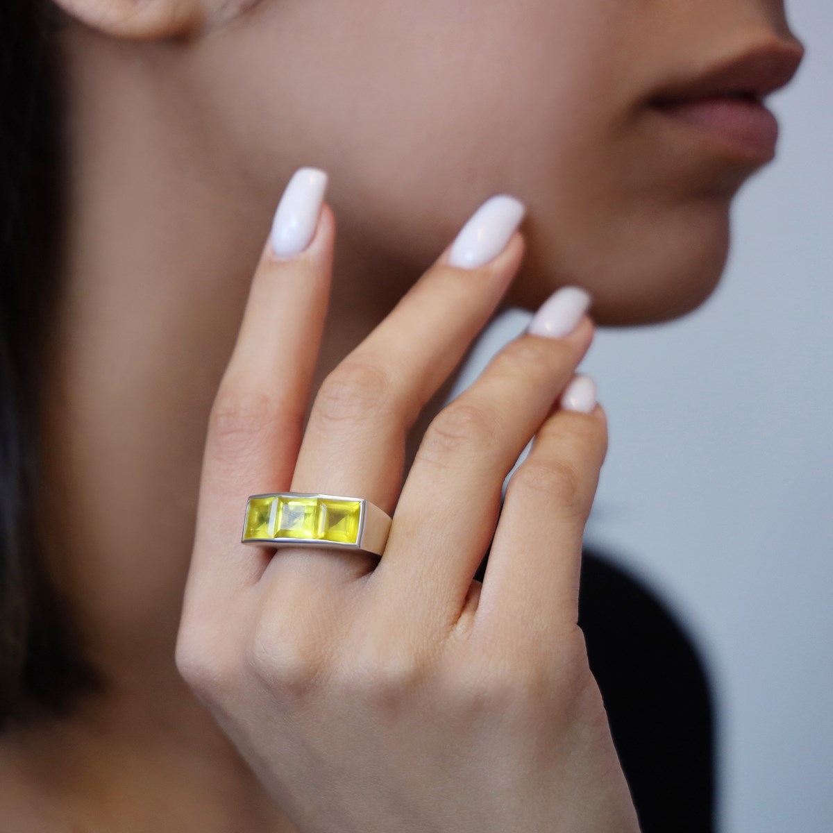 Bague Seth Argent Doré Quartz Carré Jaune
