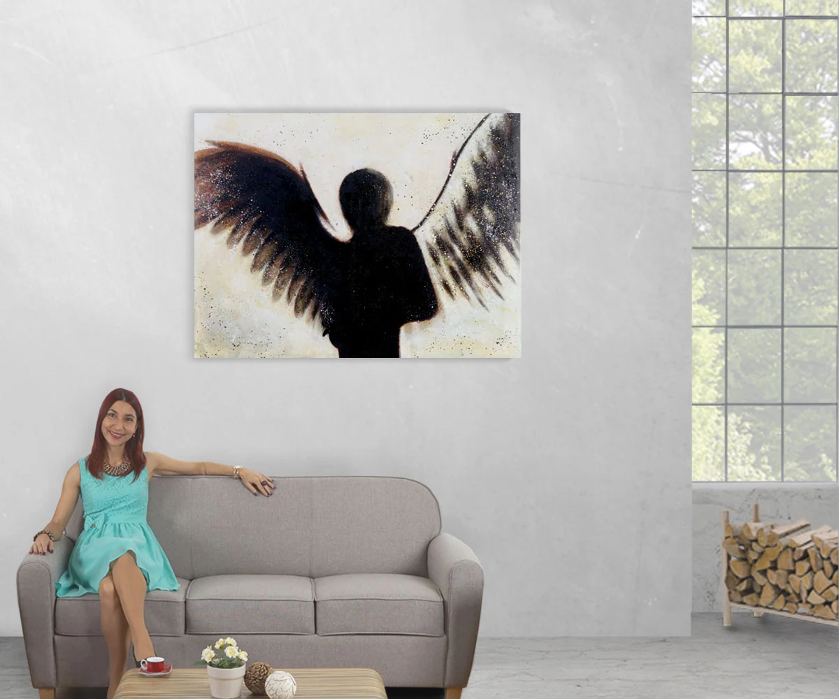 Wandbild Engel, 100% handgemaltes Ölgemälde Gemälde XL, 120x90cm