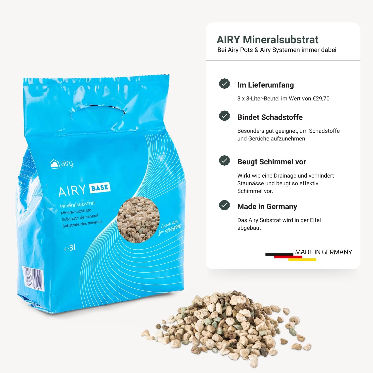 AIRY System L inkl. 3 Bogenhanfe & Airy Base Substrat • Natürlicher Luftreiniger eliminiert Schadstoffe, Allergene & Gerüche • Für Räume mit ca. 30qm • Made in Germany, 3304-613 grau-grau