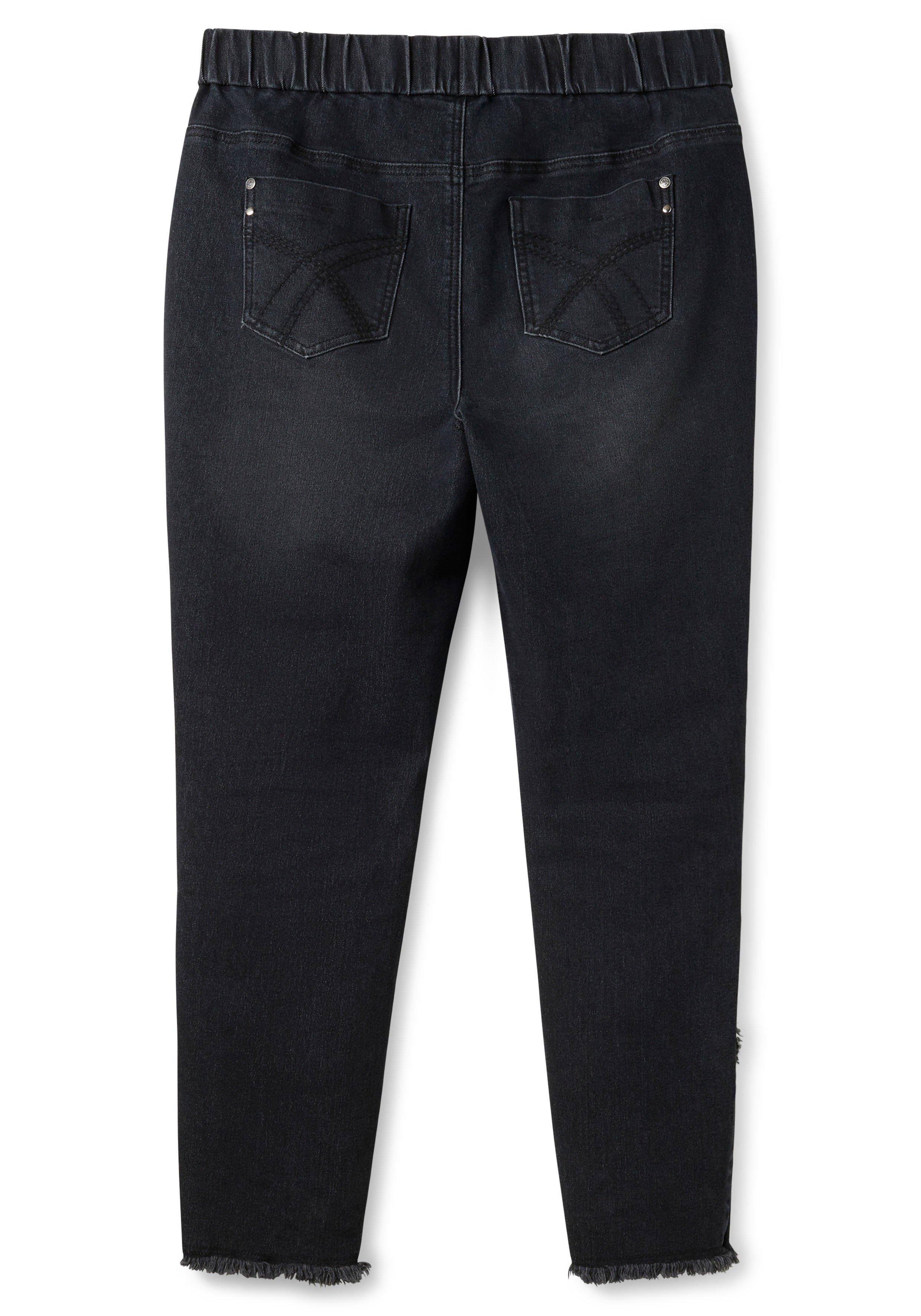 Schmale Jeans mit Gummibund und Fransensaum
