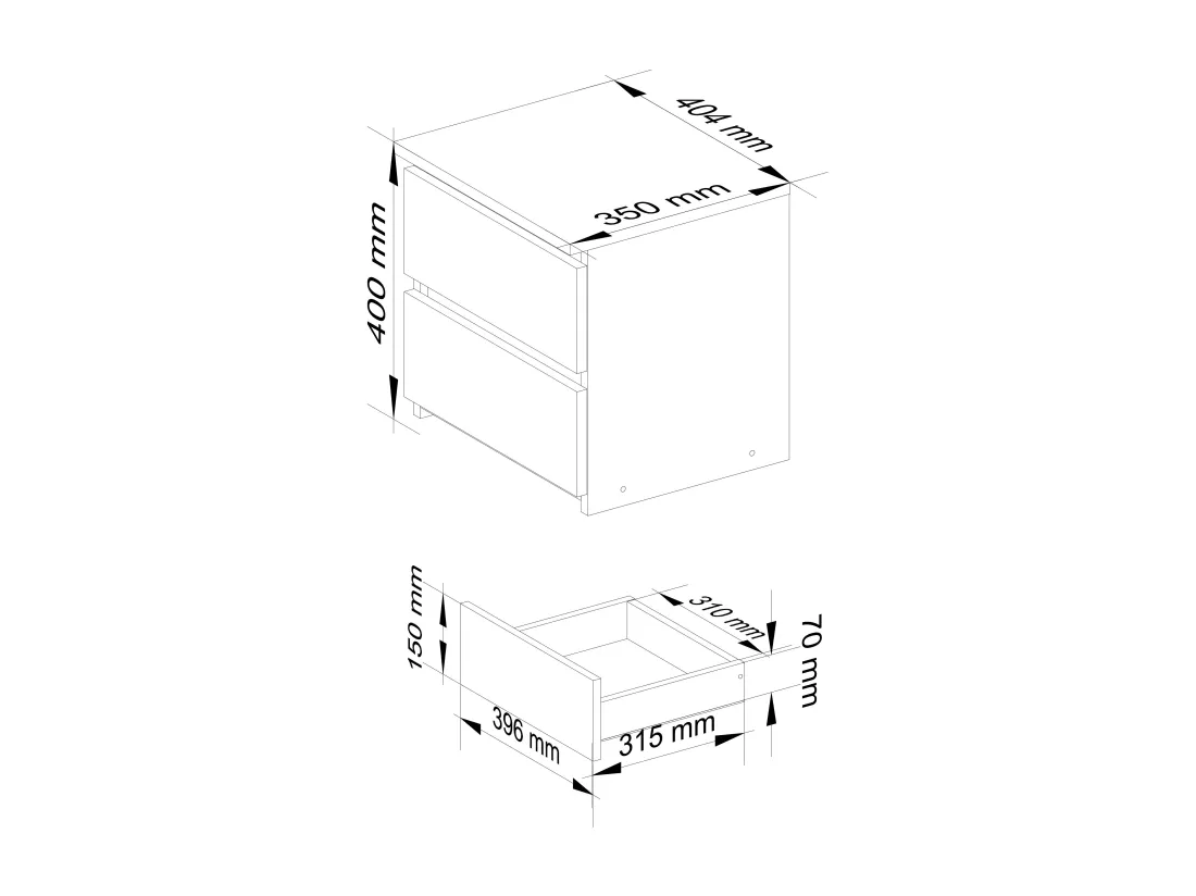 Table de chevet AKORD CL2 Blanche 40 cm 2 tiroirs façade Blanche 40x35x40 cm