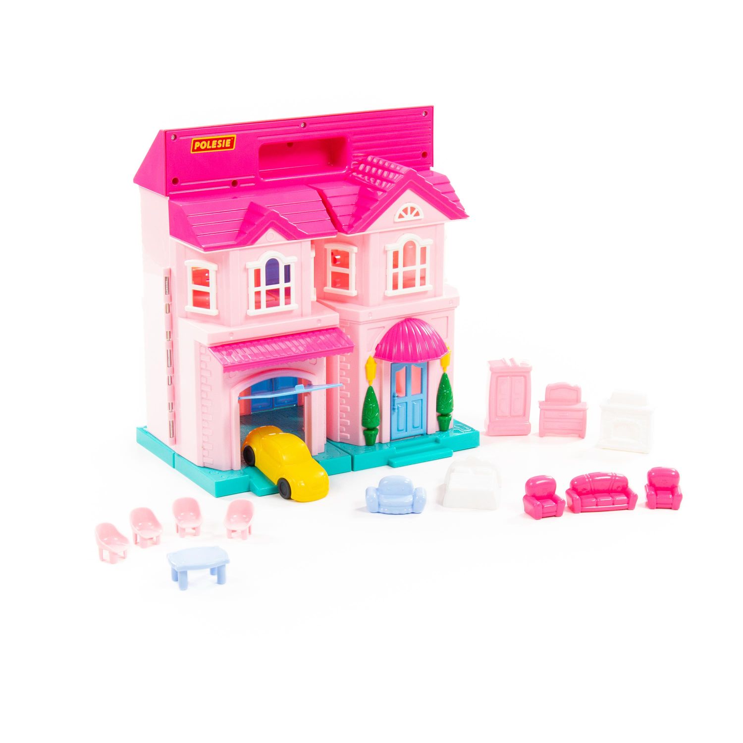 Polesie Puppenhaus Sophie 78018 klappbar Möbelset, 2 Etagen, verschiedene Räume rosa