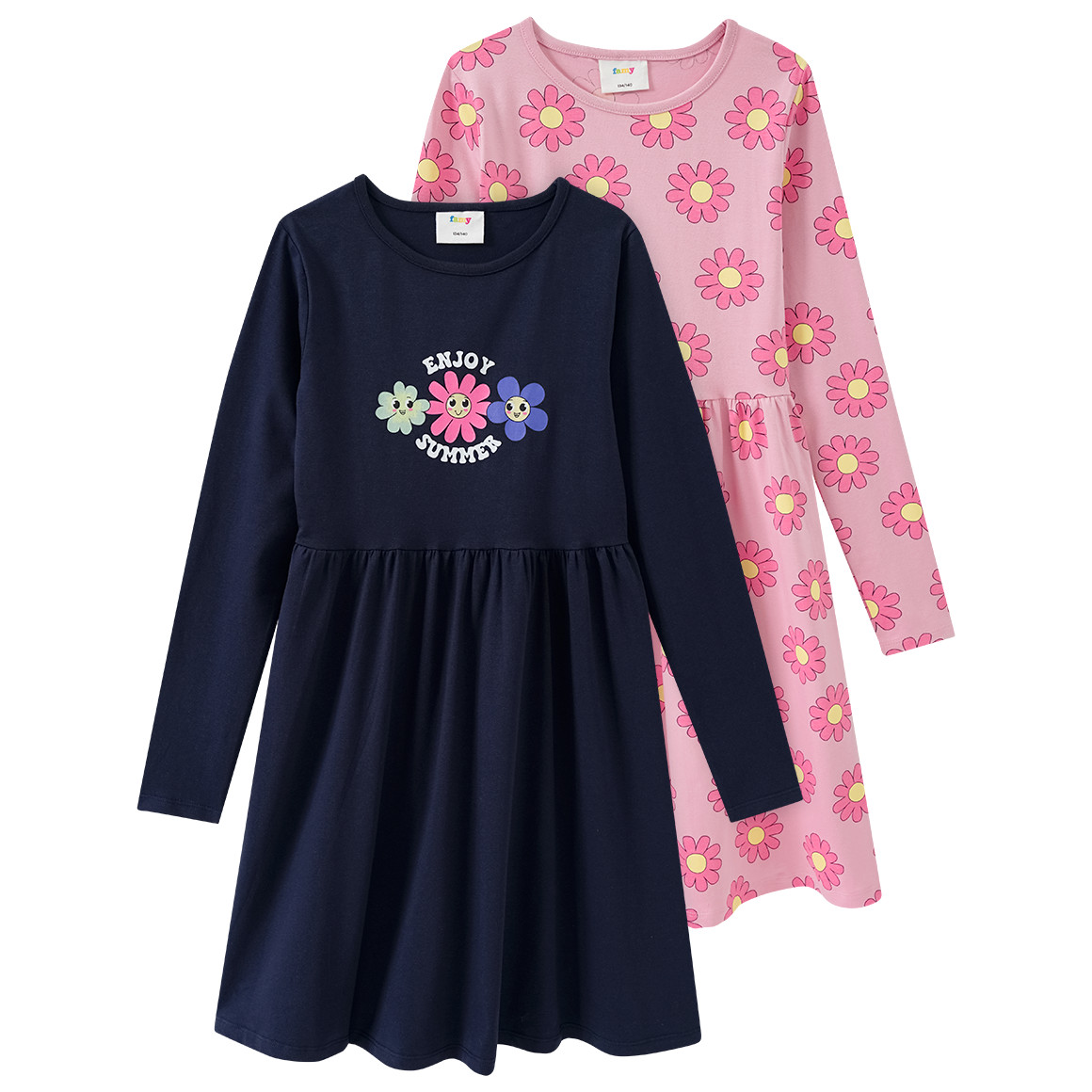 Famy 2 Mädchen Kleider mit Blumen-Prints dunkelblau / rosa