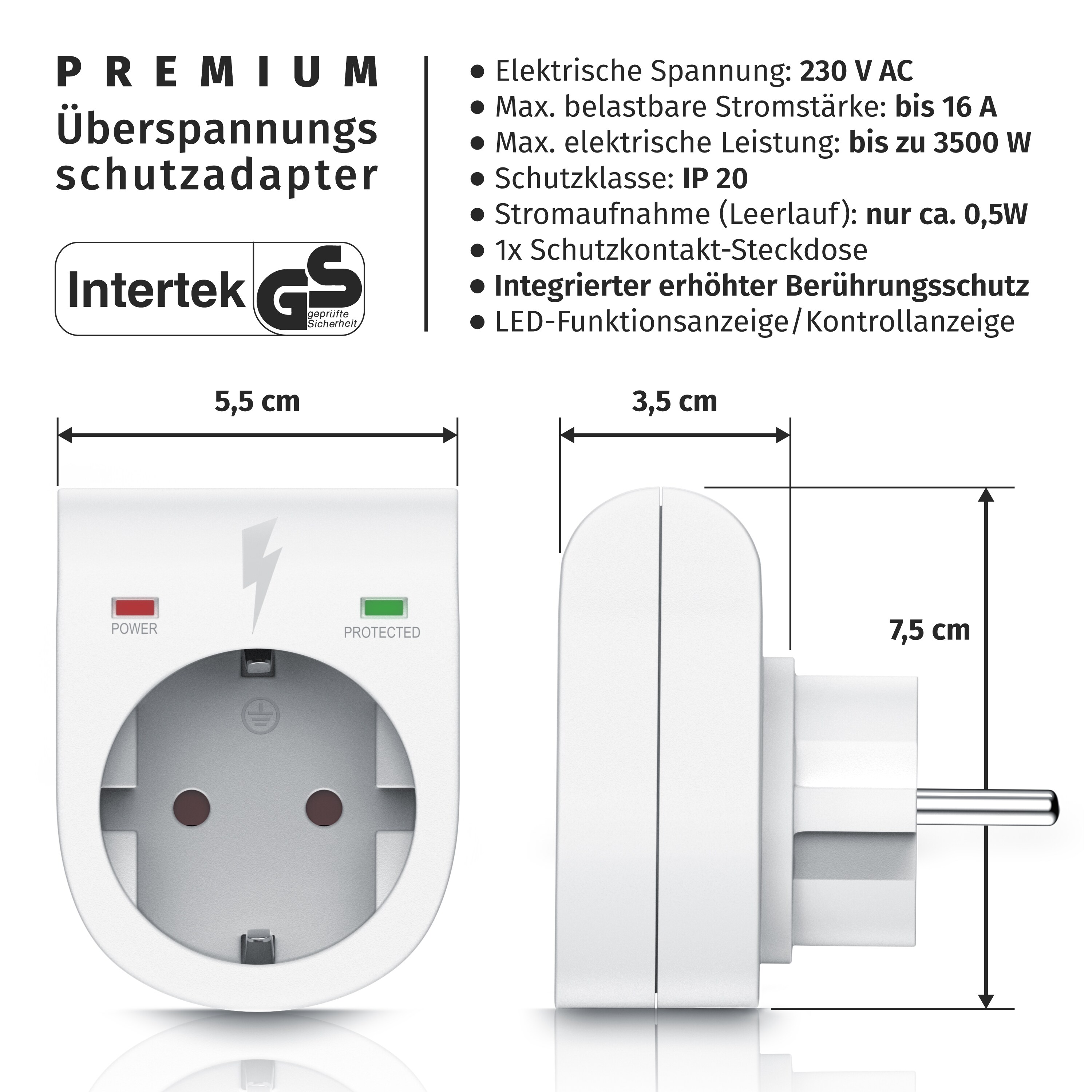 Arendo Schutzkontakt Überspannungsschutzadapter LED-Anzeige / Kindersicherung / bis 3500W