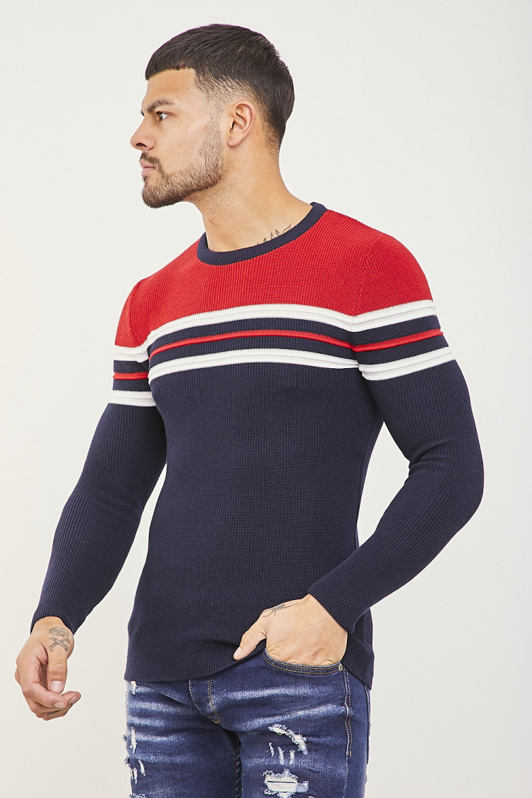 Pull à bandes rouge/bleu