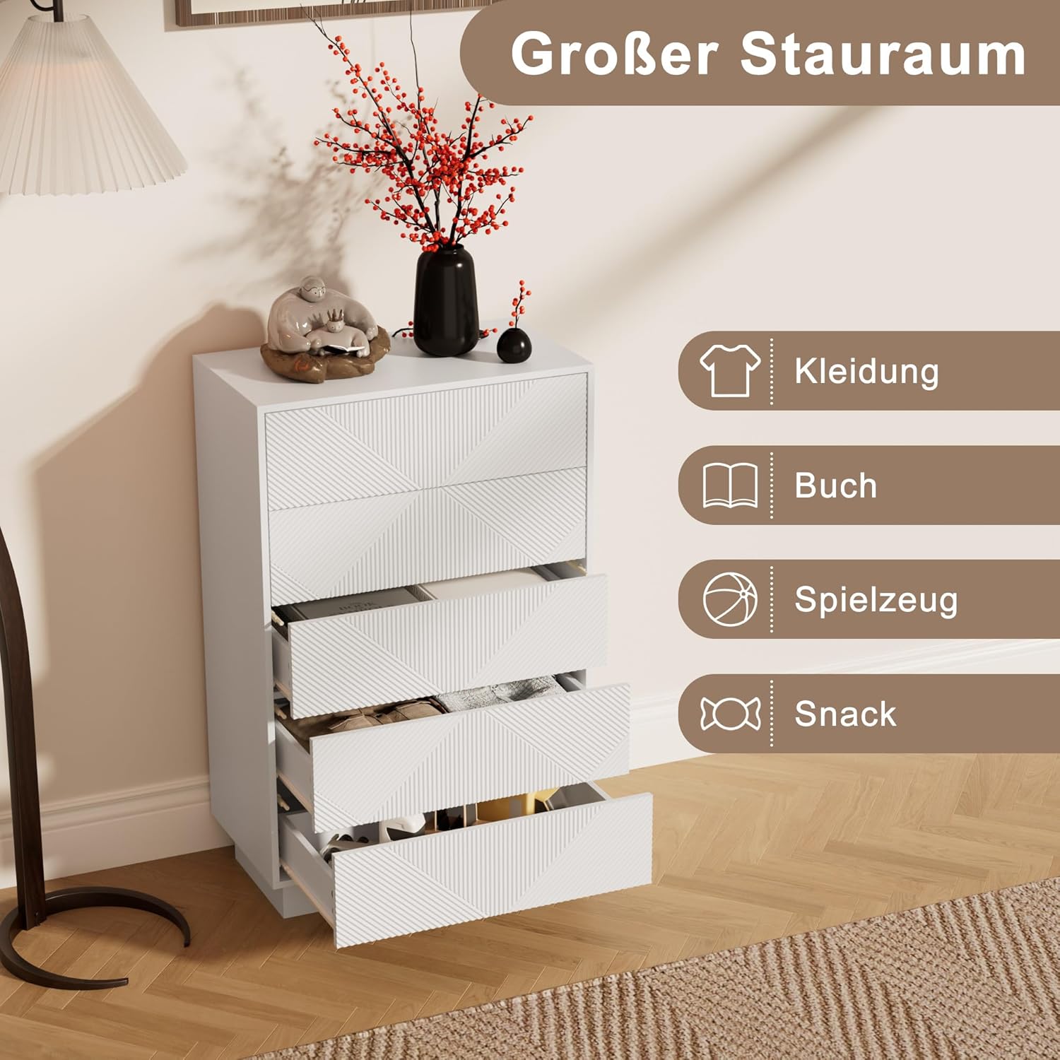 UEV Kommode mit 5 Schubladen,Drucktüröffner Push to Open schmal, Aufbewahrungskommode, Highboard, Sideboard mit Schubladen, Mehrzweckschrank für Wohnzimmer Schlafzimmer Flur Büro 60x33,5x94cm Weiß