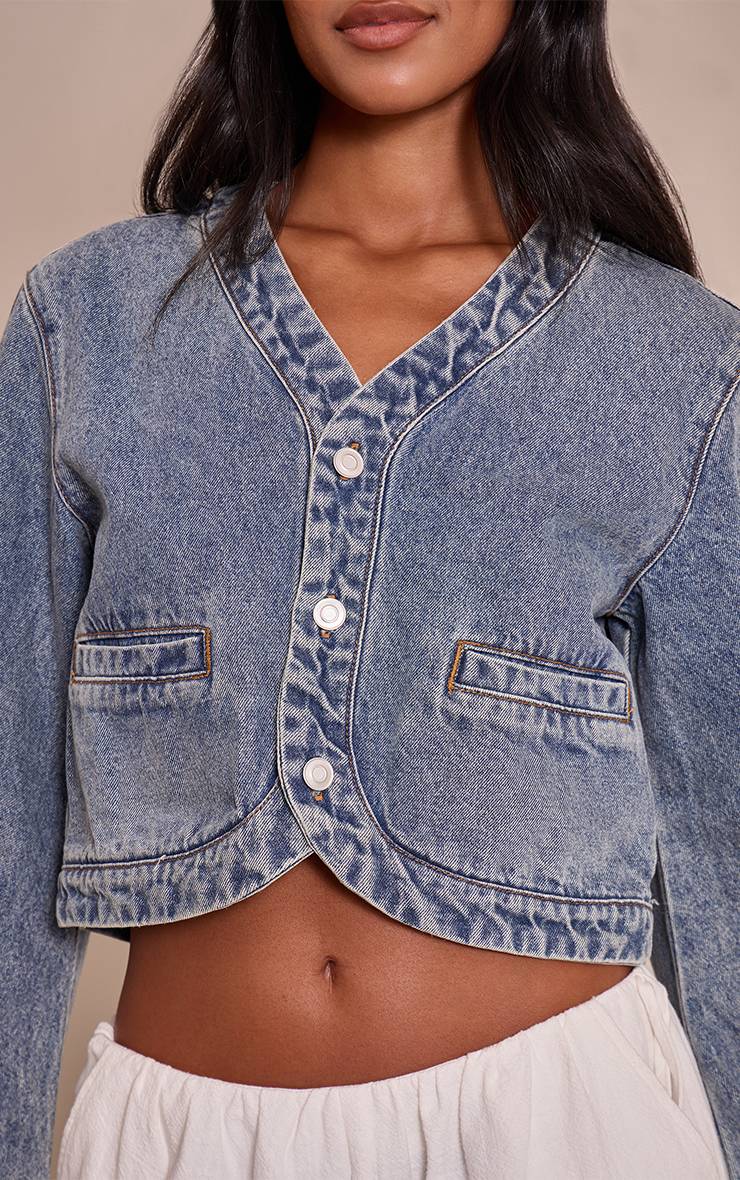 Délavage Vintage Veste En Jean Courte Grande Taille Col En V Ourlet Courbé Style Vintage
