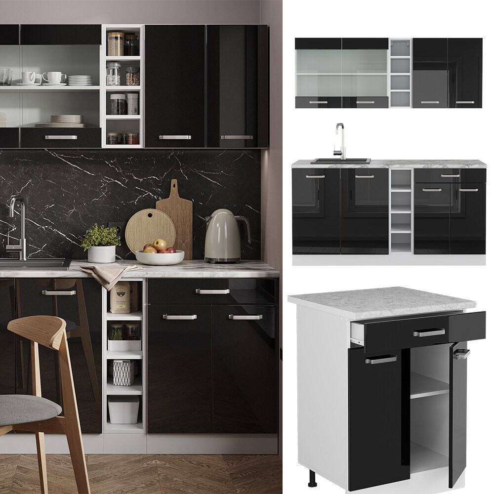 Vicco Küchenzeile R-Line Solid Weiß Schwarz 160 cm Arbeitsplatte modern Küchenschränke Küchenmöbel