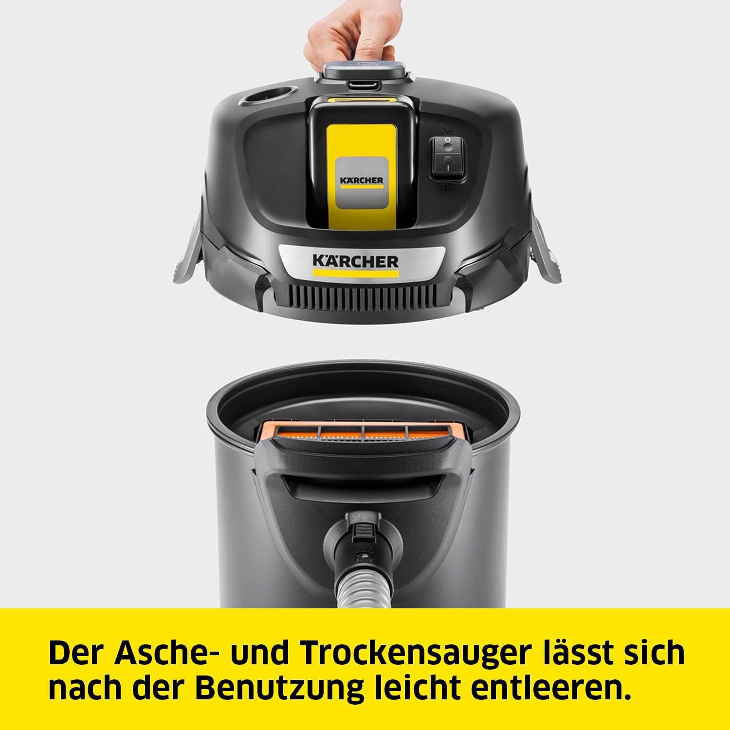 Kärcher 18 V Akku-Asche- und Trockensauger AD 2 Battery Set ideal für Kamin- und Pelletöfen, inkl. 18 V/2,5 Ah Akku und Schnellladegerät, flammhemmendes Material, Saugschlauch: 1,2 m