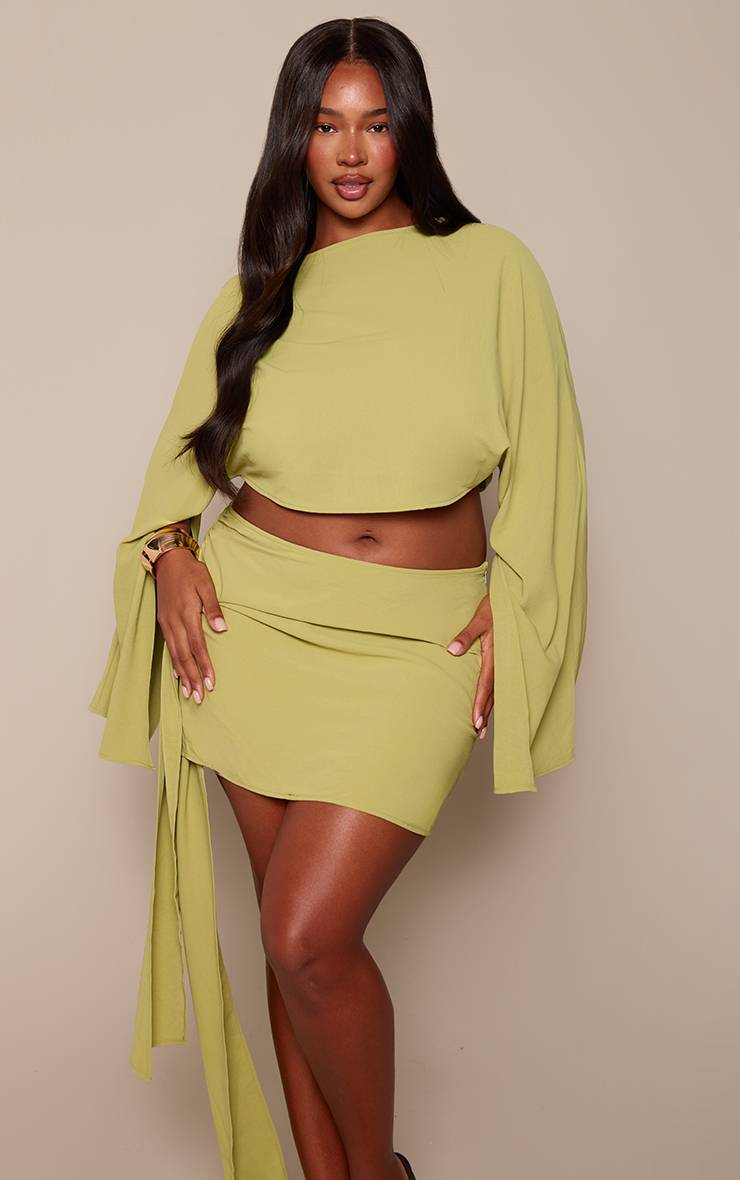 Vert Olive Mini Jupe Co-ord Tissée Fluide Avec Nœud Sur Le Côté Plus