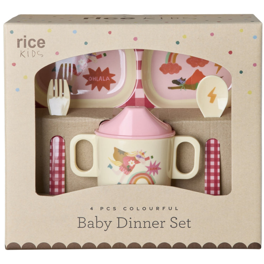 Køb Rice Melamin Baby Dinner Sæt In Giftbox - Hero Print - Pink - 4 Pcs
