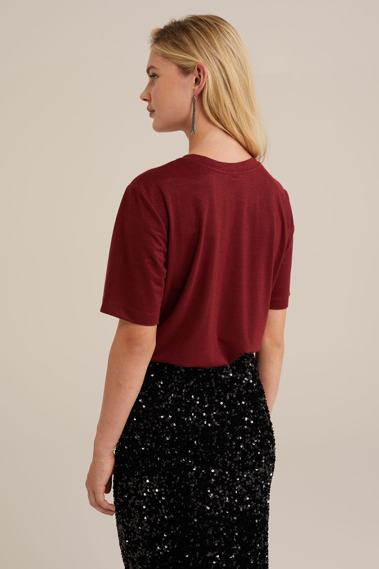 T-shirt met glittergaren WE Fashion Bordeauxrood