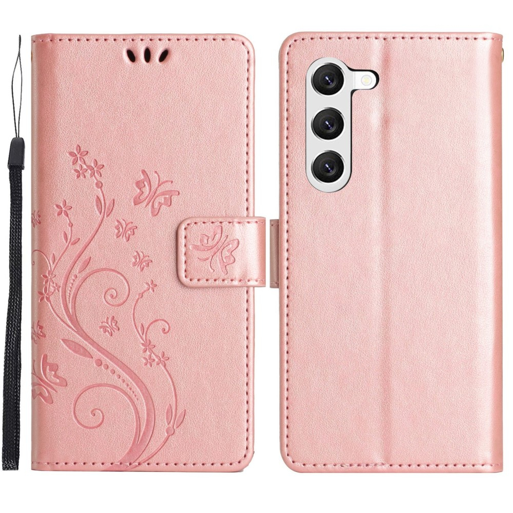 Samsung Galaxy S23 5G Leder Tasche mit Kartenfach   Handschlaufe Butterfly Flowers - Roségold