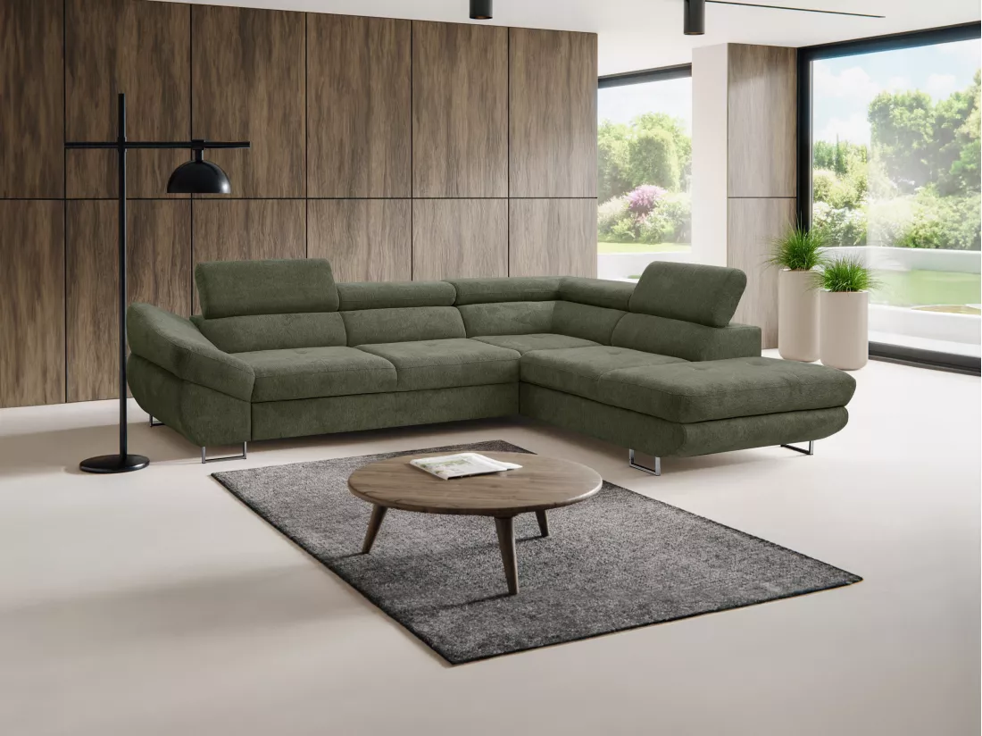 Canapé d'angle droit convertible en tissu texturé vert DALIAS