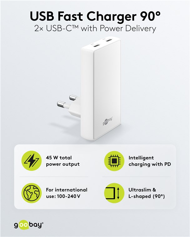 (45W) Dual 90° Flat USB C GaN Ladegerät Netzteil Power Delivery Quick Charge (75722) - Weiss