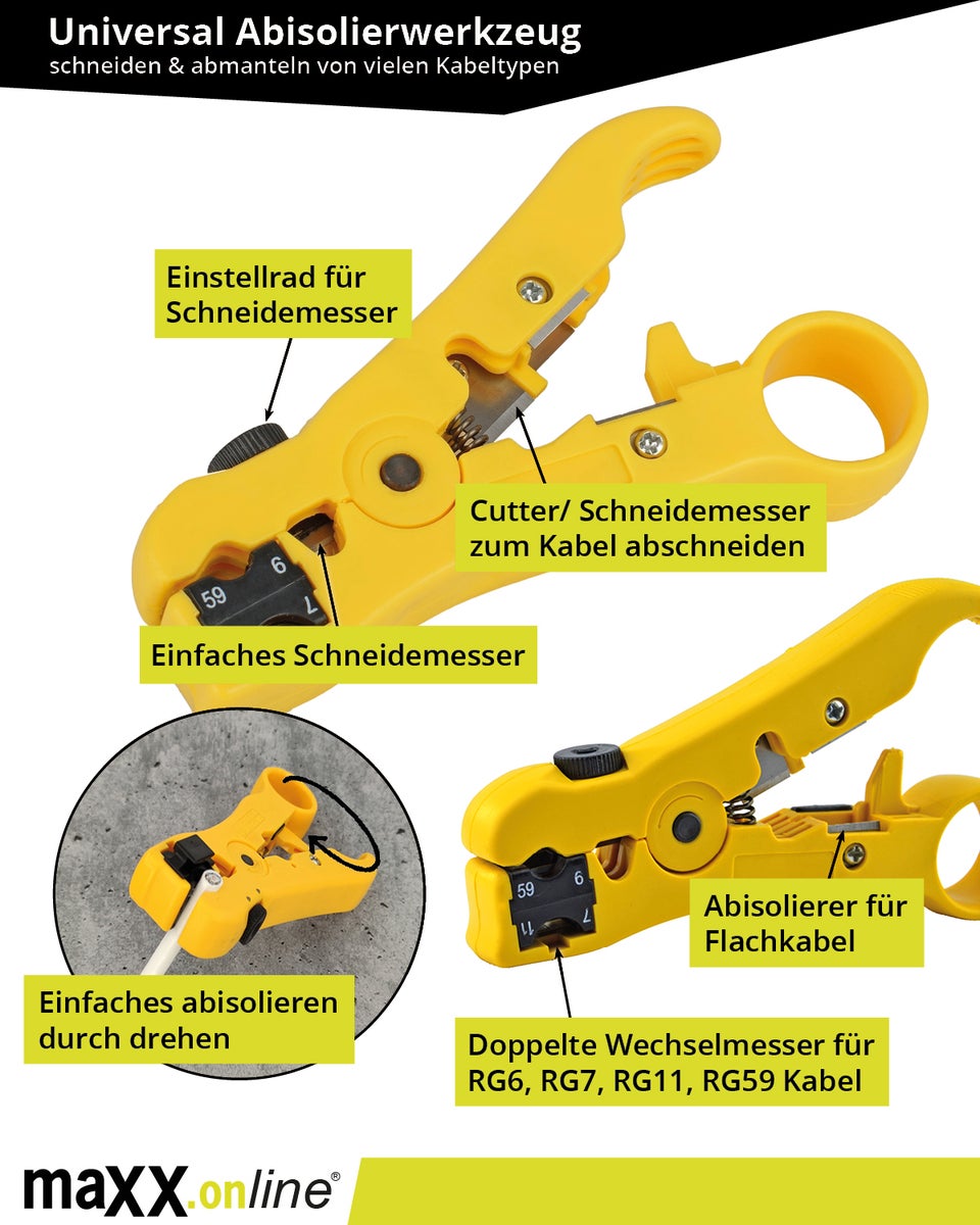 Kabelstripper voor coaxkabels, antennekabels, datakabels, Cat.5 – Cat.8 installatiekabels, telefoonkabels en nog veel meer. Universele striptang.