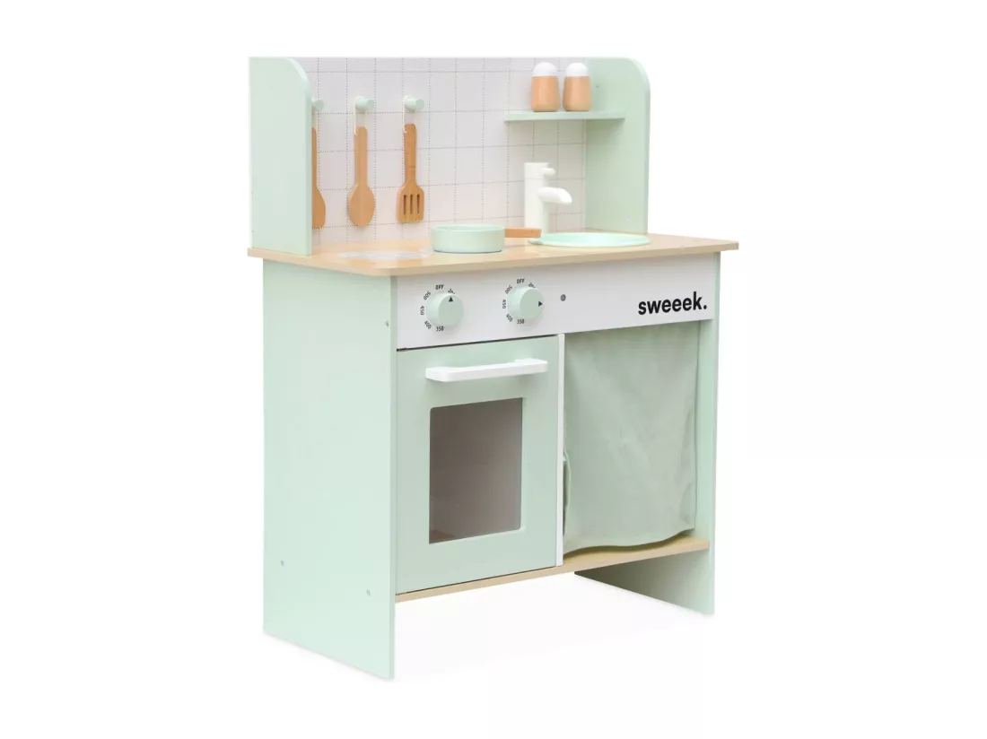 Cuisine en bois vert céladon cocotte pour enfant avec accessoires
