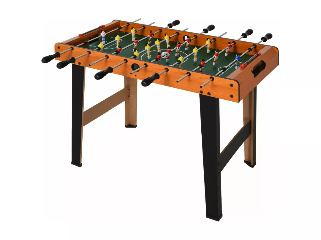 Mini babyfoot - table de baby-foot enfant - 2 balles, tableaux affichage - dim. 84,5L x 40l x 61,2H cm - noir aspect bois