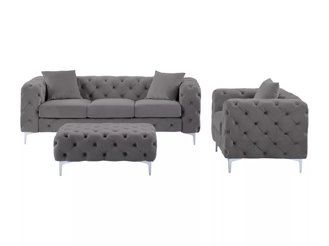 Canapé 3 places, fauteuil et pouf chesterfield en velours anthracite EDWINA