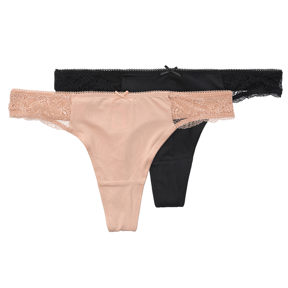 Gina Benotti 2 Damen Strings mit Spitze beige / schwarz