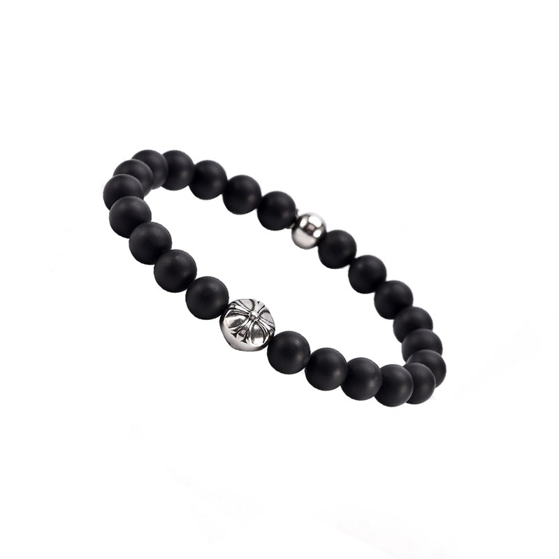 Bracelet Boules Noir Onyx Pierres Naturelles Croix Rock-Medium-18cm
