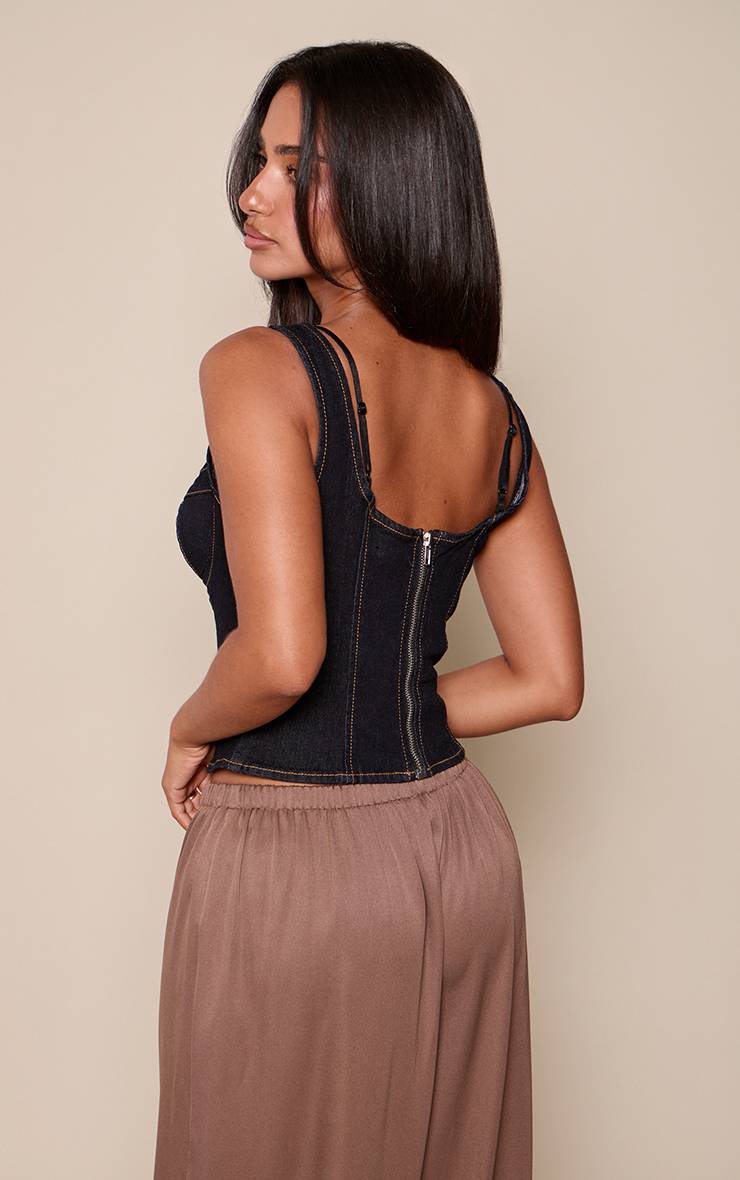 Bleu Indigo Top En Denim Petite À Double Bretelles Et Découpe Buste Avec Surpiqûres Contrastées
