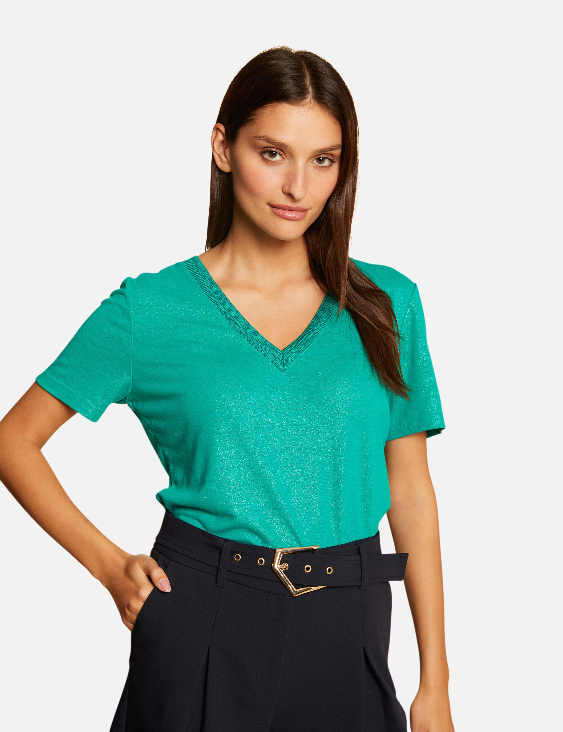 T-shirt manches courtes à col en V vert moyen femme - vert_moyen