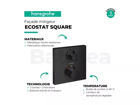 HANSGROHE Façade pour mitigeur thermostatique encastré Ecostat Square avec robinet d'arrêt et inverseur noir mat