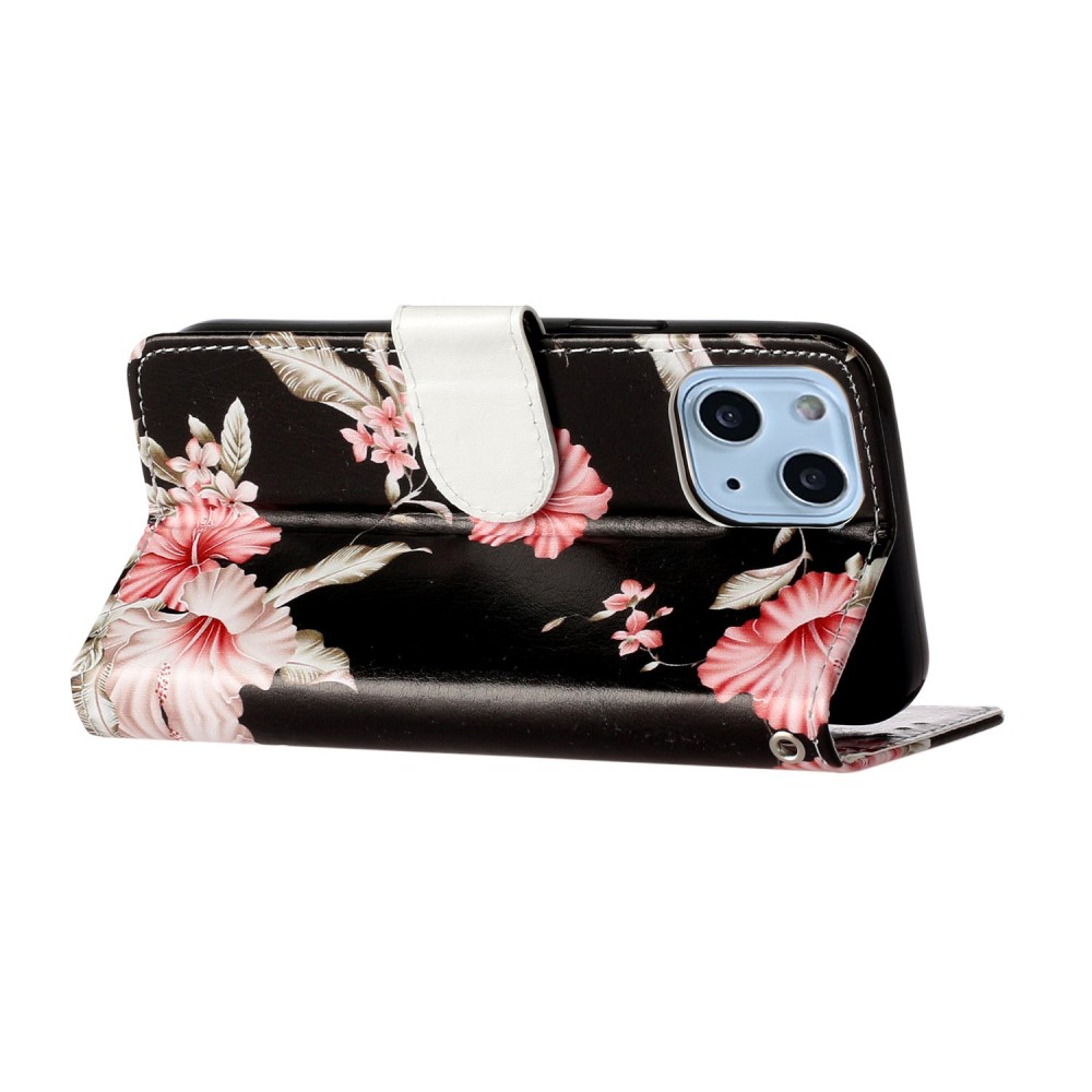 iPhone 13 Leder Tasche Flip Cover Rosa Azalea Blumen - Schwarz