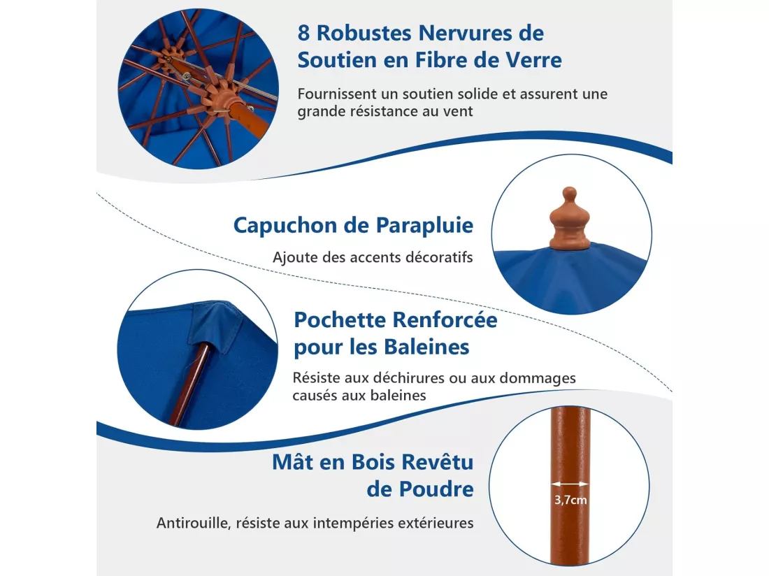 Parasol de Jardin Pliable 2,9M avec Mécanisme de Poulie à Corde Poteau en Bois 8 Baleines en Fibre de Verre pour Cour, Bleu