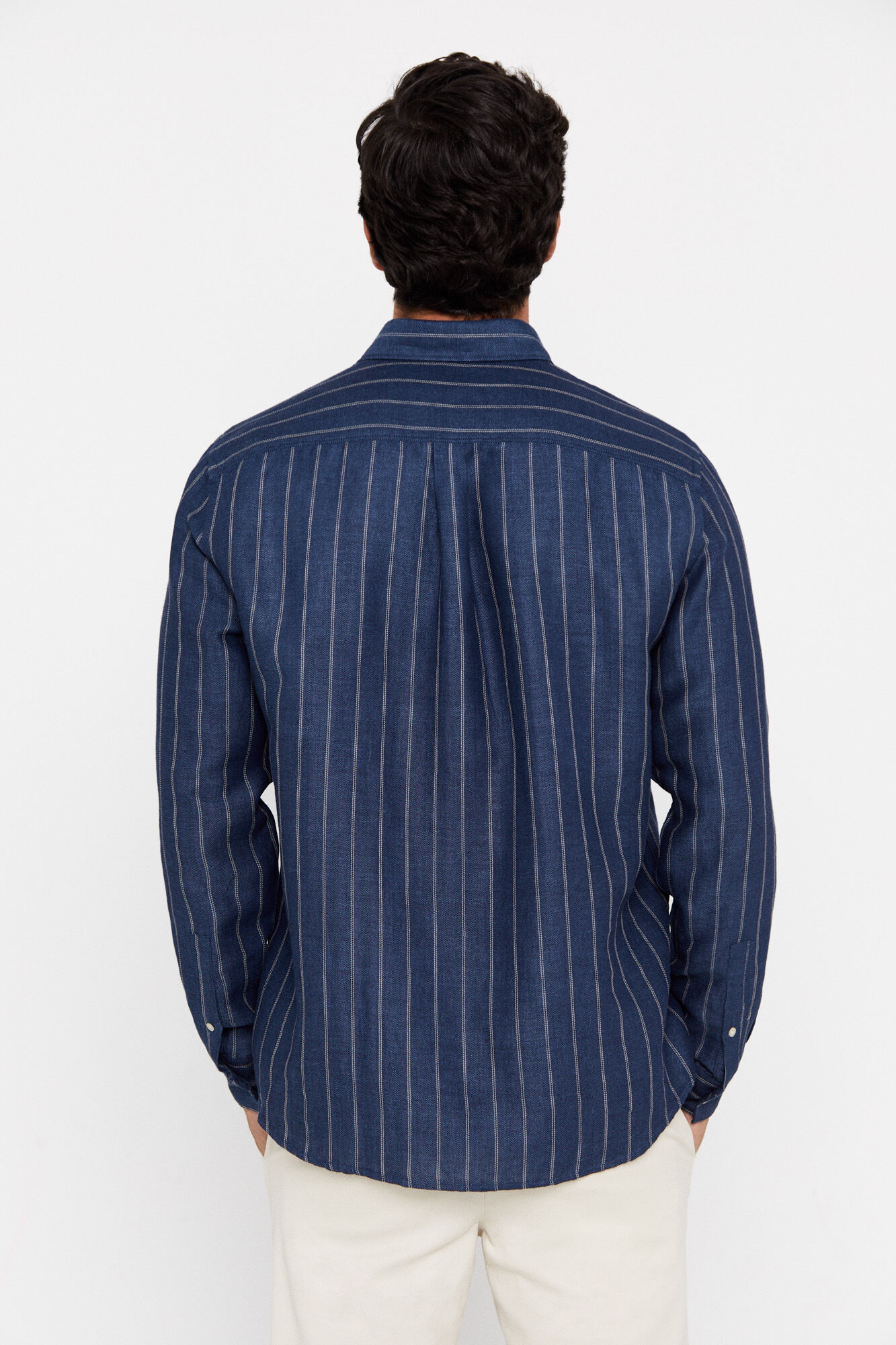 Camisa polo listrada em linho e algodão - Azul marinho