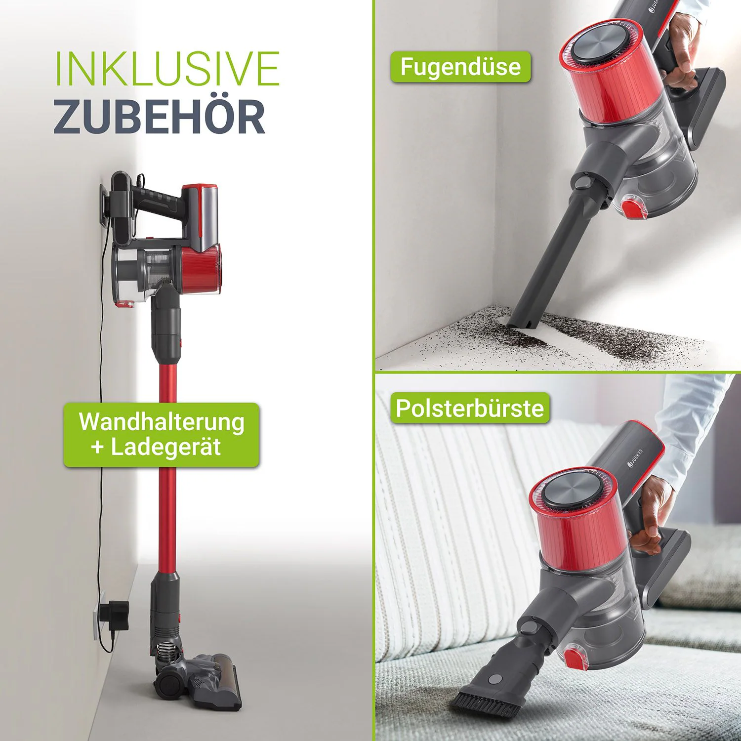 Juskys 2-in-1 Akkustaubsauger VC2101 mit Zubehör & Wandhalterung - Akku Staubsauger Anthrazit - Rot