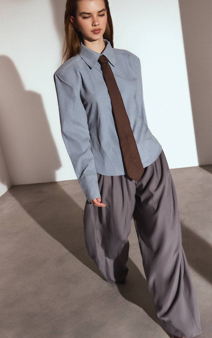 Gris Pantalon Large À Taille Œillets Et Plis