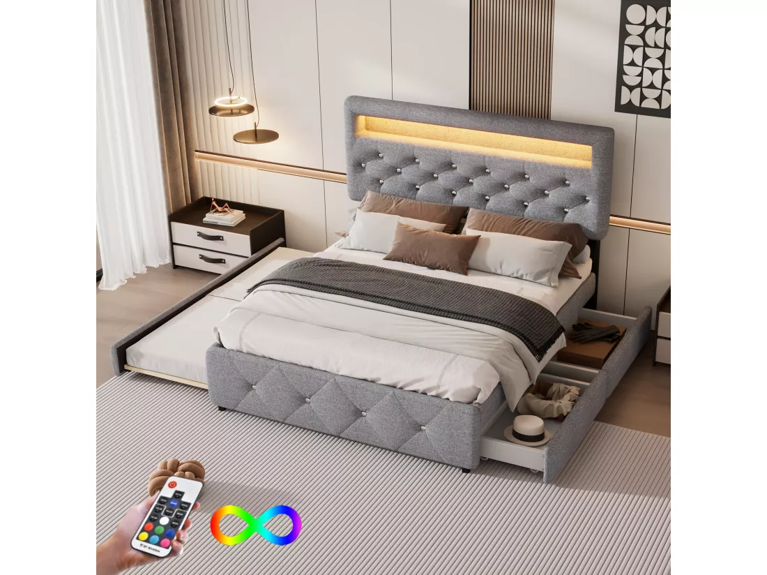 Lit adulte rembourré 140x200cm avec LED - avec un lit gigogne et 2 tiroirs - Tissu en Lin - Gris
