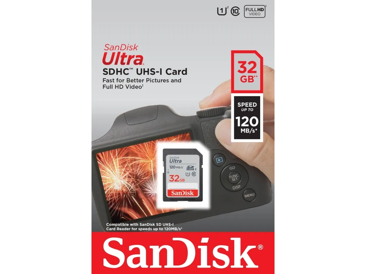 SanDisk Ultra, 32 GB, SDHC, klasse 10, UHS-I, 120 MB/s, klasse 1 (U1)
