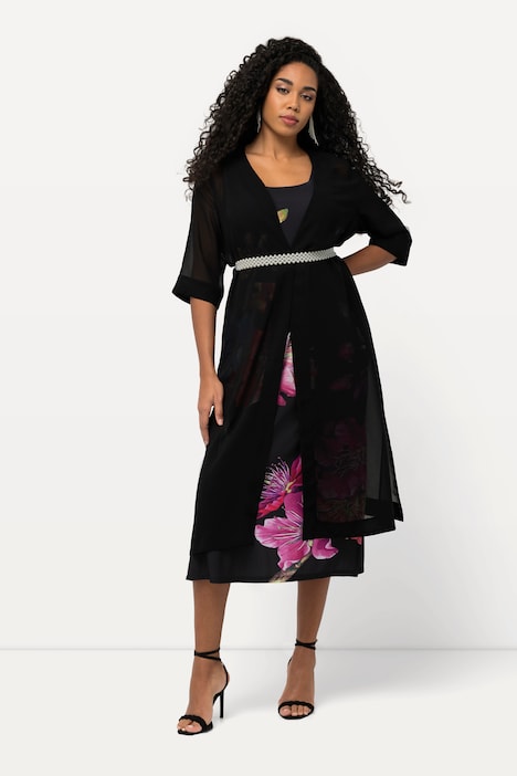 Chiffon-Longjacke, A-Linie, Schmuckgürtel, offene Form, 3/4-Arm