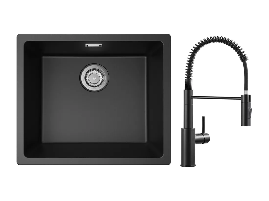 CECIPA MAX Evier 1 Bac en Quartz et Résine Noir Gris 50*44*20cm + Mitigeur de Cuisine à Ressort Noir avec Douchette Extractible