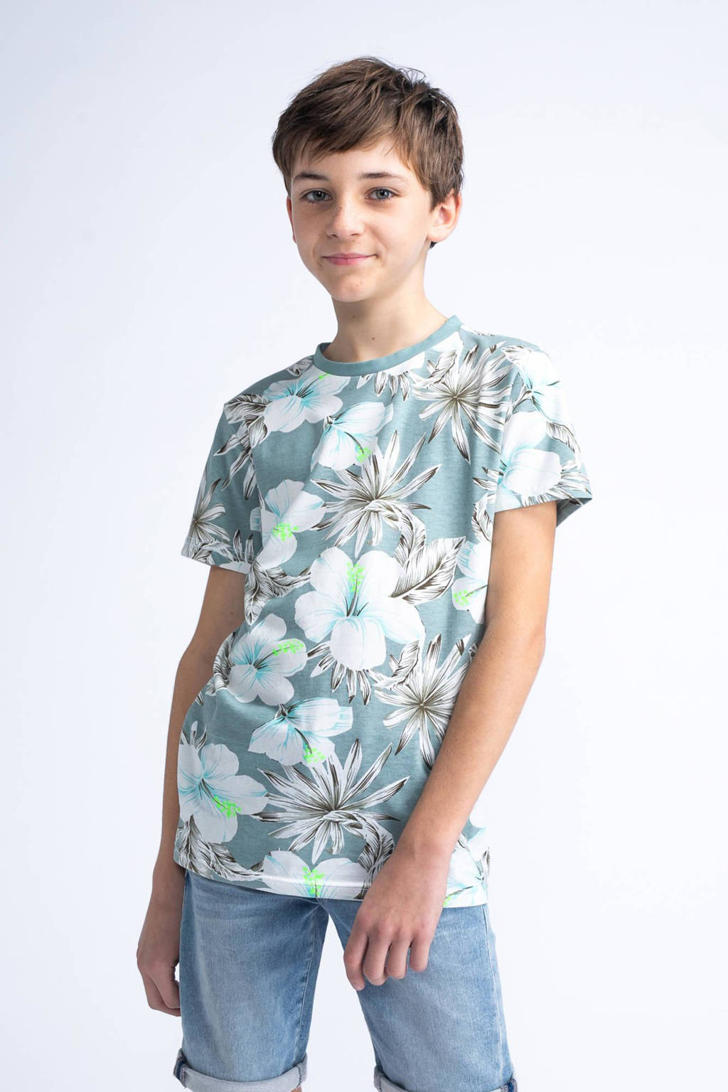 Petrol Industries T-shirt met all over print blauwgrijs/wit