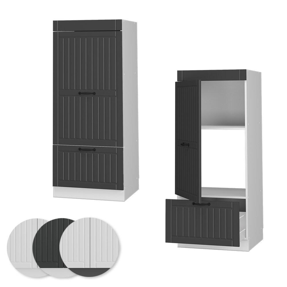 Vicco Mikrowellenumbauschrank Küchenschrank Küchenmöbel Fame-Line Landhaus Weiß Dunkelgrau 60 cm Gold Küche Einbauküche Blende Hochschrank Schublade Mikrowelle Backofen Küchenzeile