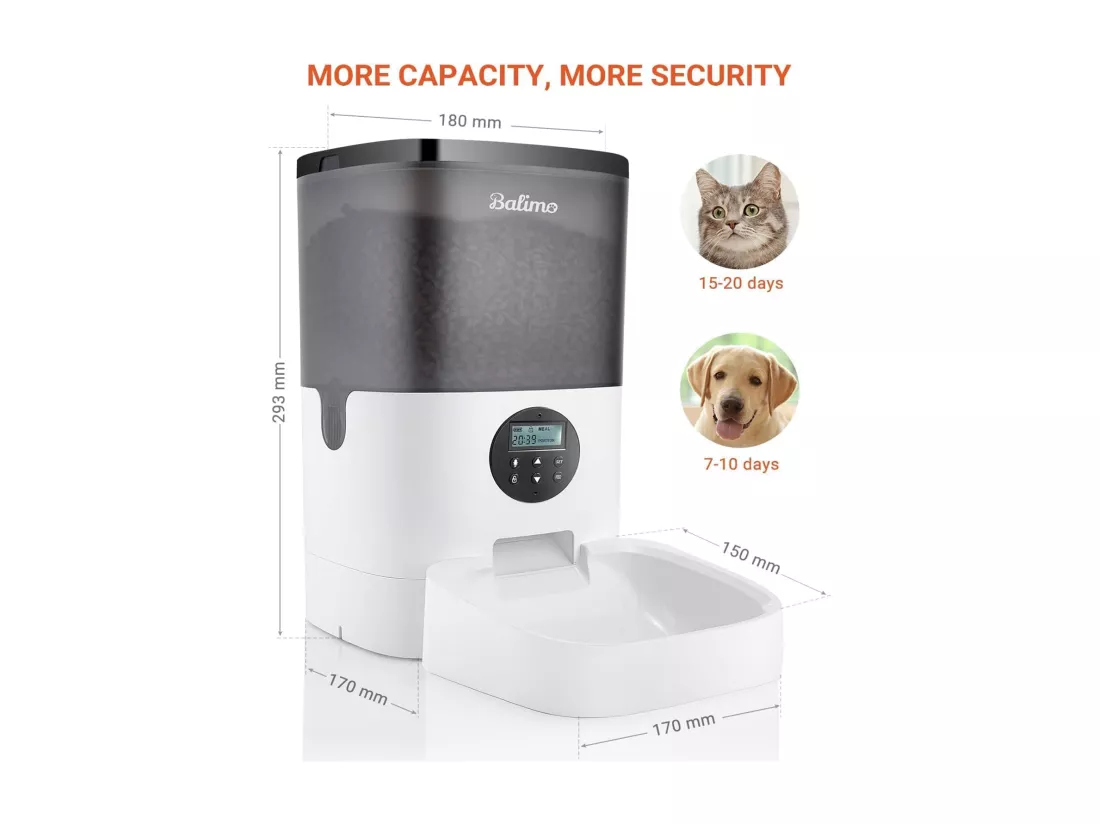LCD Distributeur Croquettes 4L Balimo Chats/Chiens Distributeur Automatique de Nourriture Programmable 4 Repas/Jour Enregistreur 10s Vocal,Noir Blanc