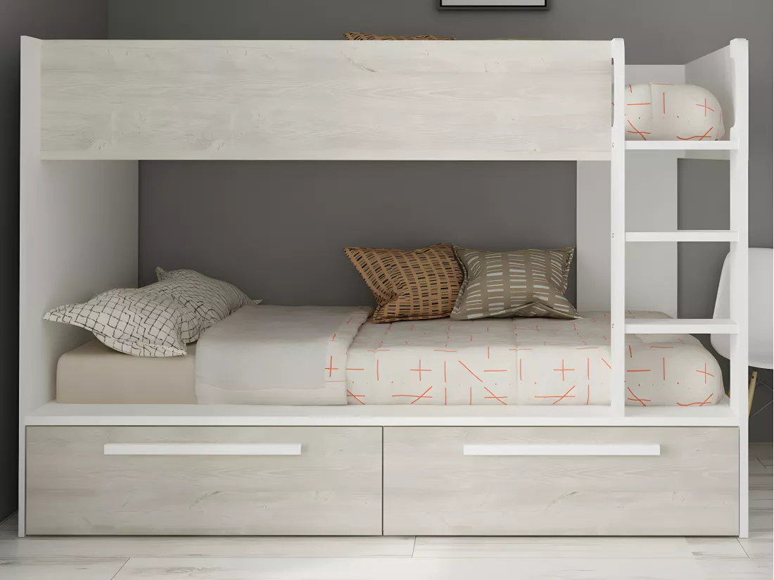 Lits superposés 2 x 90 x 200 cm - 2 tiroirs - Blanc et naturel + Matelas - TINOLI