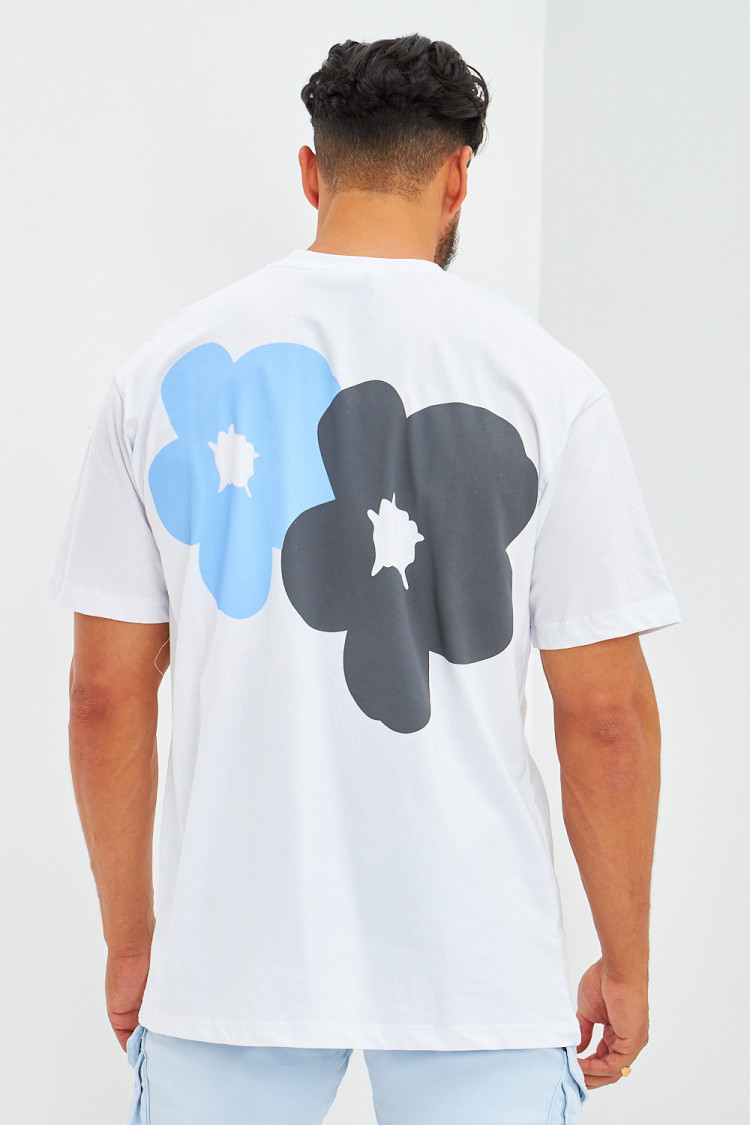 T-shirt floqué fleurs avant et arrière blanc
