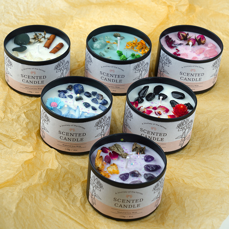 Duft Kerze in Dose Aromatherapie Sojawachs Kerze Home Deko Kristall Steine / Blumen - Grün Tee