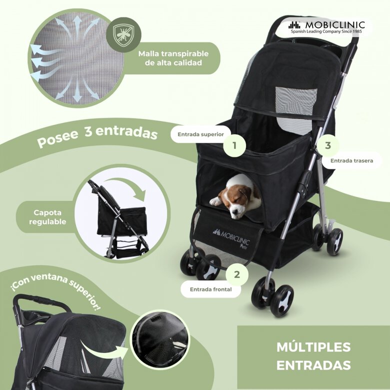 Carrinho para cães Mobiclinic com rodas com freio e rotação de 360°, 3 pontos de acesso, capota, cesto de armazenamento e porta-copos, preto.