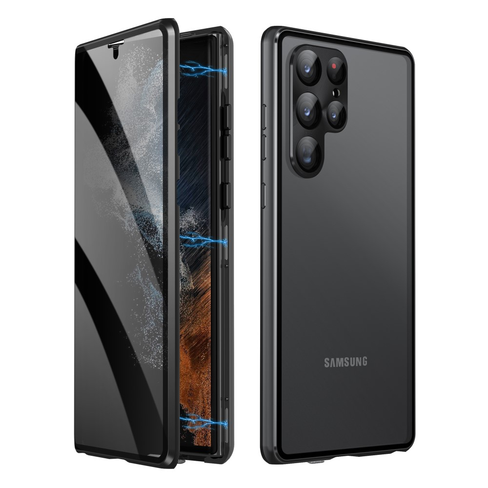 Samsung Galaxy S23 Ultra 5G Magnetische Alu Schutzhülle mit Panzer Glas Backcover   Privacy Display- / Kameraglasschutz (Verschlussmechanismus) - Schwarz