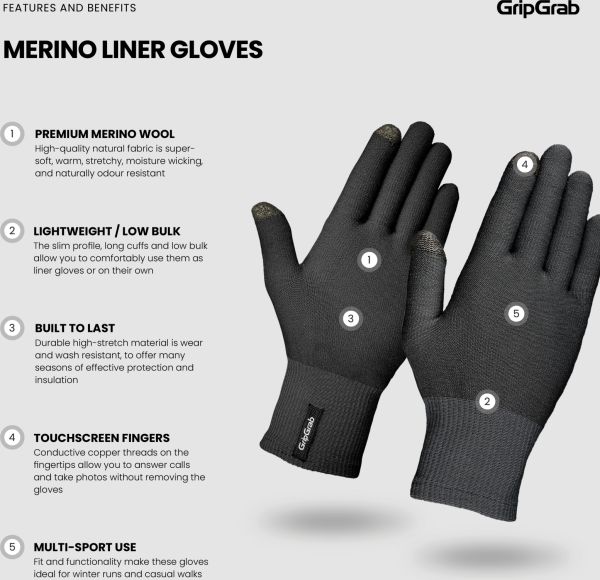 GripGrab Merino Wool Liner Inderhandsker, Black