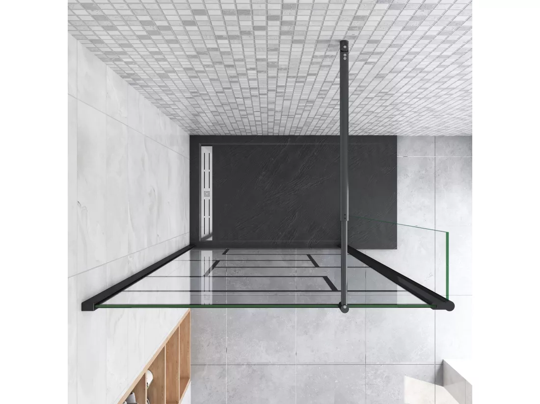 Paroi de douche fixe à l'italienne 70+40x200cm avec retour pivotant - Noir - avec barre de fixation 70-120cm en cylindrique