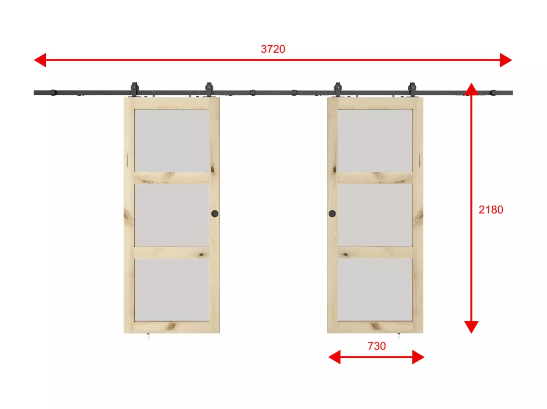 Porte coulissante double avec système en applique en bois et verre trempé dépoli - 3 fenêtres - 2 X H205 x L73 cm - ACOSTA II