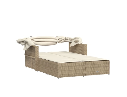 VIDAXL - Bain de soleil Chaise longue double avec auvent et coussins beige poly roti...