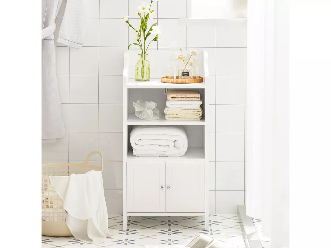 Meuble Bas De Salle De Bain Commode Armoire De Rangement Sur Pied Avec 3 Étagères 2 Portes, BZr56-w